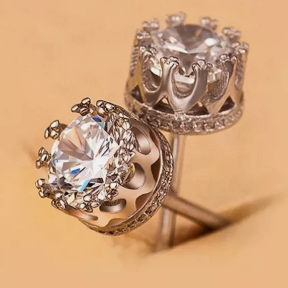 3 ctw 18k White Gold S925 Crown Stud Diamond Simulate Earrings - Picture 11 of 14